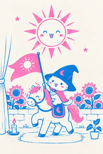 The Sun: Miso rides a pony under a smiling sun