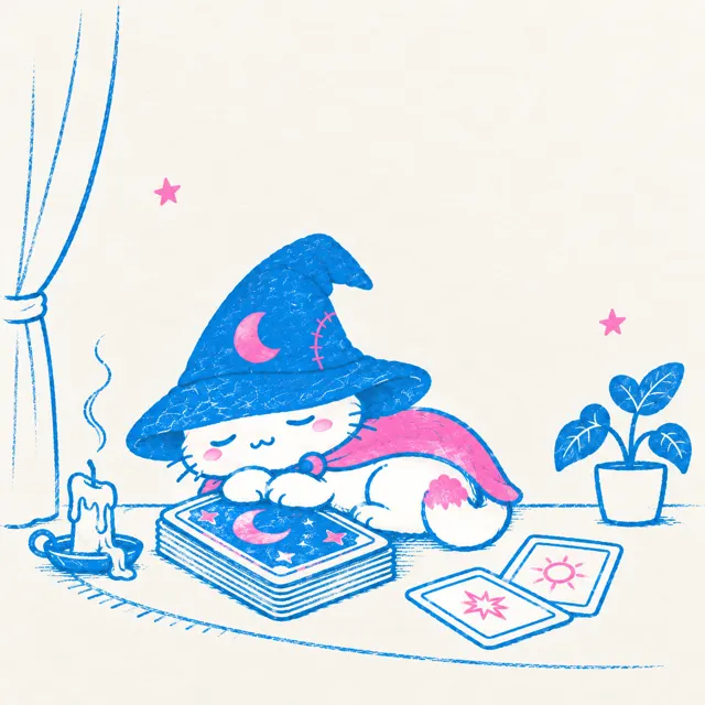 Miso asleep on a deck of cards next to a candle